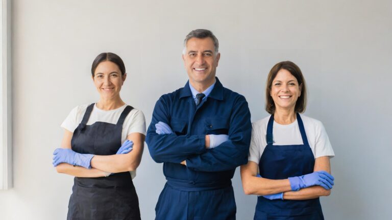 Firefly retrato sencillo de 3 personas de mediana edad- limpiadora, conserje y jardinero, uniforme a