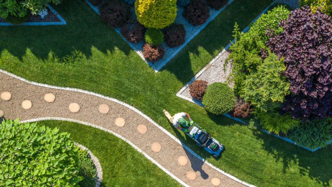 Caucasian Gardener With Grass Mower Trimming Beautiful Backyard